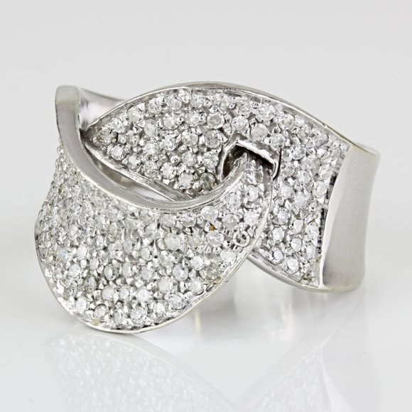 14K White Gold & Pave Diamond Concave Wave Cocktail / Anniversary Band Ring - Picture 1 of 10